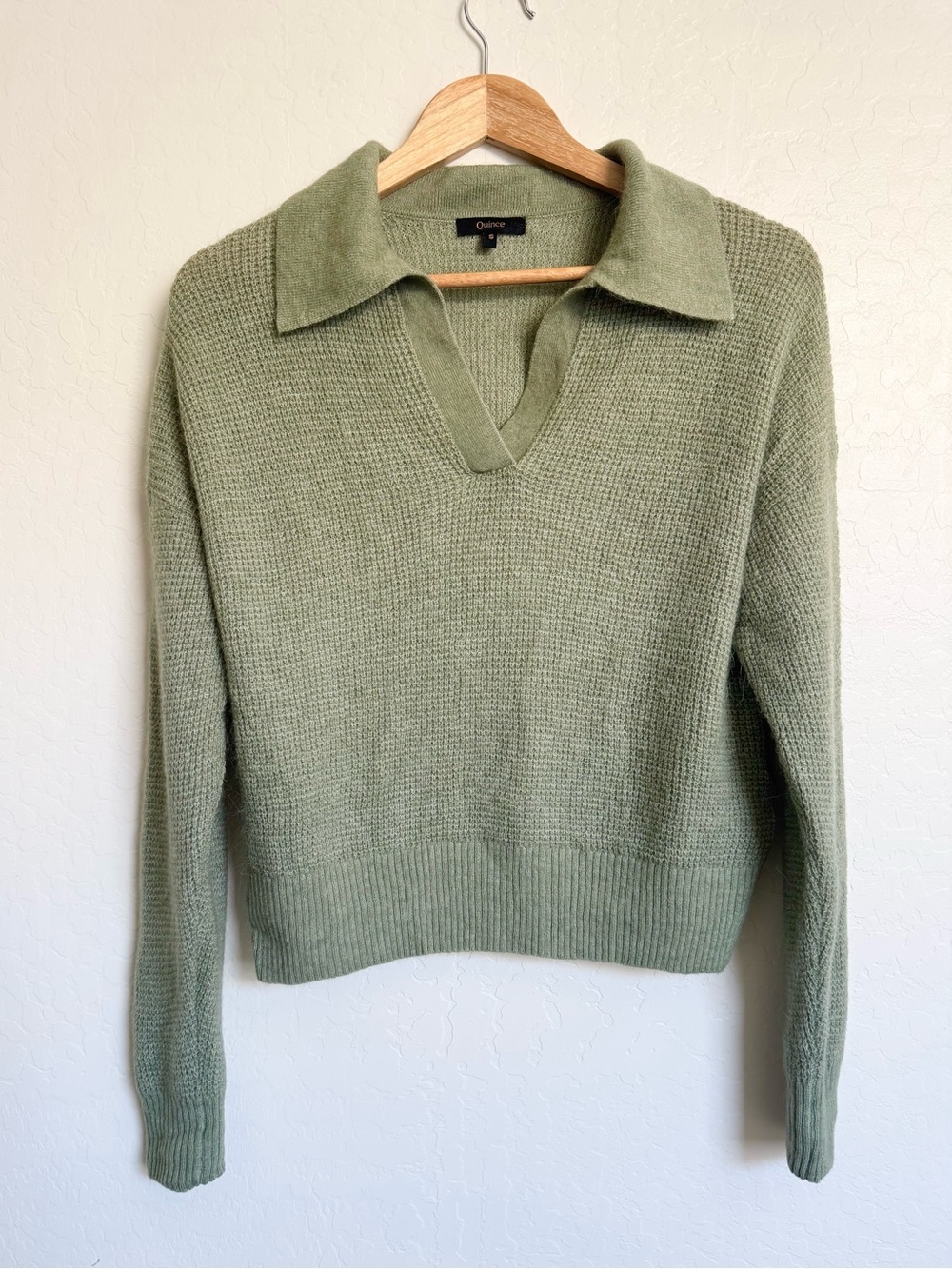 Quince Baby Alpaca Sage Green Wool Waffle Stitch Women’s Polo Sweater Sz S - Picture 2 of 5